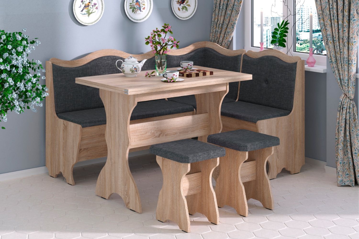 Кухонний комплект FlavorFurnish (куточок, стіл та 2 табуретки, саванна дарк грей і сонома) ph-kmp-grcg-sndrgr-snm фото