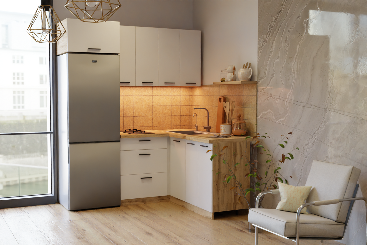 Модульна кухня Олівія-6 (кутова, 180 &times; 160 см, дуб аппалачі і німфея альба) IMI m-kh-m-lv-6-ppl-nm-lb фото